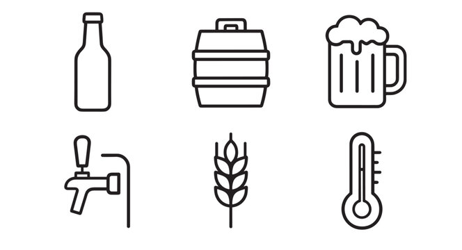 Set of six black line icons representing beer brewing and pub culture, including a bottle, keg, foamy mug, tap, wheat, and thermometer in a minimalist vector style