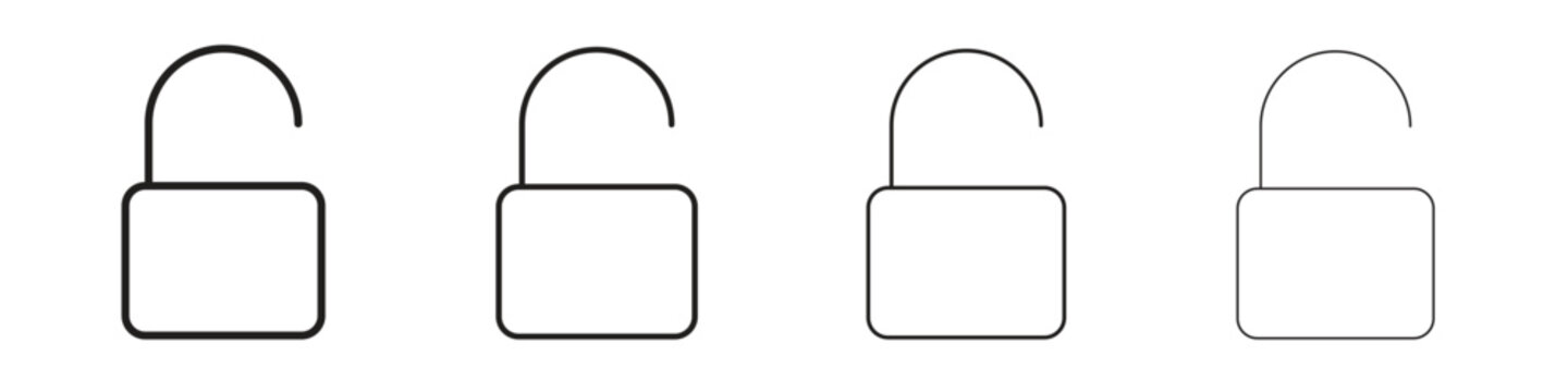 Unlock icon set. A collection of simple black thin strokes icons