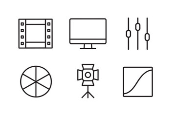 Set of six video editing icons in a minimalist line art style includes a film strip, monitor, audio sliders, color wheel, studio light, and curves graph for post-production