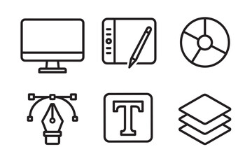 Set of six black line icons for graphic design and digital art, featuring a monitor, tablet, pen tool with anchor points, layers, text tool, and color wheel symbols