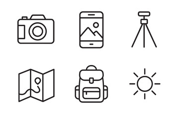Set of six travel and photography line icons featuring a camera, smartphone, tripod, map, backpack, and sun, designed in a simple, minimalist black outline vector style