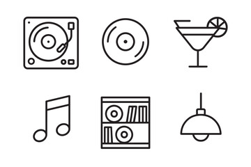 Set of six black outline icons representing music and entertainment, featuring a turntable, vinyl record, cocktail, musical note, record collection, and a pendant lamp in a minimalist style