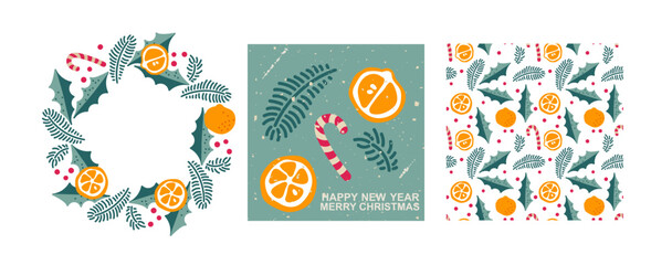 Winter Festive design set. Cards with oranges, spruce branches, holly, candy canes. Christmas Seamless pattern, round frame, card. Hand drawn Doodle vector illustration with for holiday card, design