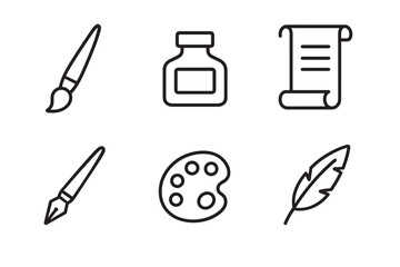 Set of six black line art icons representing art and writing tools, including a paintbrush, inkwell, scroll, fountain pen, artist palette, and a classic feather quill