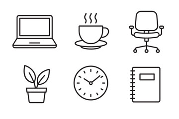 Set of black line office icons including a laptop, coffee cup, chair, plant, clock, and notebook for business and work concepts in a minimalist outline vector style