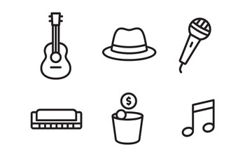 Collection of six street musician icons including an acoustic guitar, fedora hat, microphone, harmonica, donation bucket, and musical note in a simple line art design
