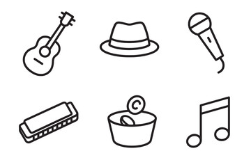 Set of six black outline icons representing busking and street music, featuring a guitar, microphone, harmonica, fedora hat, donation tin, and musical notes in a clean minimalist style
