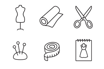 Set of six black line icons for sewing and fashion design including a mannequin, fabric, scissors, pincushion, measuring tape, and a sketchbook with a dress drawing