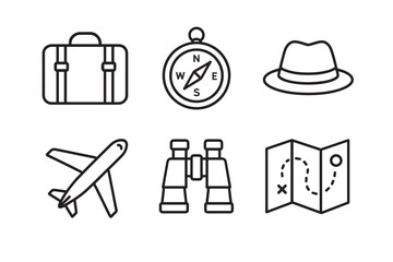 Minimalist travel and adventure icon set with a suitcase, compass, fedora hat, airplane, binoculars, and a folded map, drawn in a clean black and white outline vector style
