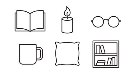 Set of black line icons for cozy home relaxation including a book, candle, glasses, mug, pillow, and bookshelf in a minimalist graphic illustration style