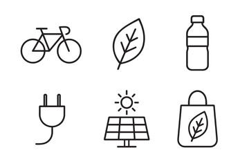 Set of six black line icons representing ecology and sustainability concepts like cycling, nature, recycling, electricity, solar power, and eco-friendly shopping in a minimalist style