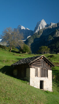Mountain scenery with Piz Badile peak in Soglio, Bregaglia, Switzerland