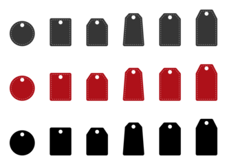 Set of blank price tags in black, red, and dark gray on transparent background