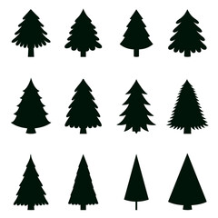 Set of 12 black silhouette evergreen trees in various shapes and styles. Minimal forest elements suitable for winter, nature, holiday and design graphics. Flat vector. Hand drawn. Isolated background.