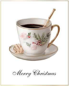 Merry Christmas and Happy New Year greeting card template. Watercolor coffe cup  - illustrations for posters, banners, backgrounds or greeting cards. Holiday decor.
