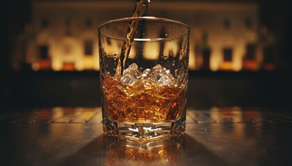 Glass of amber whiskey with ice cubes is being filled on a reflective bar counter, creating a splash in a dimly lit, sophisticated pub with a warm and inviting atmosphere