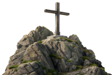 Stately stone cross standing resolute on a rugged mountain peak, embodying profound spiritual significance, enduring faith, and serene contemplation amidst majestic natural beauty