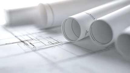 Blueprint rolls, architectural plans on paper. Design process, precision drafting, construction concept. Close up, rolled engineering documents showing detailed drawings