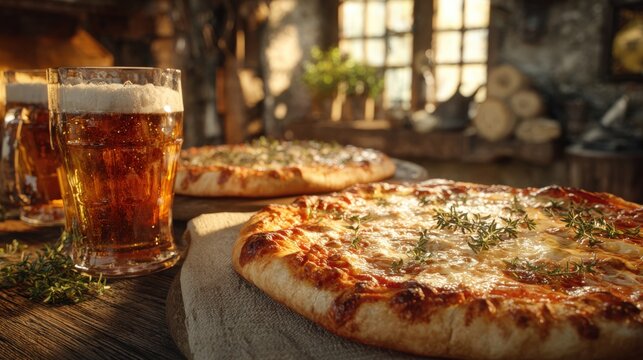 Rustic Italian Pizza with Melted Cheese and Beer in Cozy Tavern Setting - Powered by Adobe