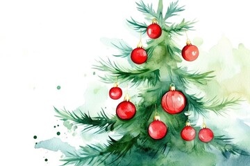 Watercolor christmas tree with red star and ornaments on white background