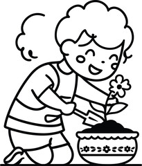 Kid Planting Flower. Gardening children's coloring book illustration, outlined drawing, a kid planting a flower in a pot, educational design for kids, clear