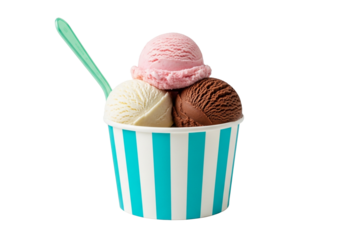 Delicious triple scoop ice cream sundae with chocolate, vanilla, strawberry joy, isolated on a transparent PNG background.