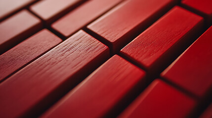 A close-up shot showcases an arrangement of red wooden blocks, creating a textured pattern with the grain and color variations adding depth and visual appeal. It creates a modern backdrop.