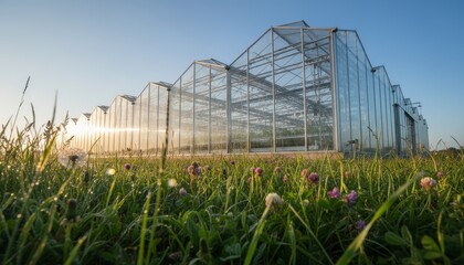 Large modern glass and steel greenhouse structure stands tall in a lush field of dewy grass and wildflowers during a beautiful golden hour sunrise