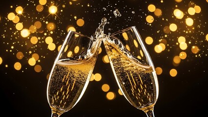 Two champagne glasses clinking together with a bokeh effect of gold lights in the background