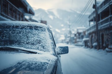 Parked Car Covered in Snow on Mountain Town Street in Winter