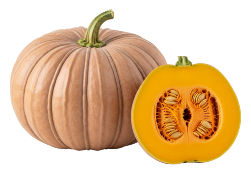 Fresh kabocha squash, one whole and one sliced, showing seeds inside for fall recipes, isolated on a transparent PNG background. - Powered by Adobe