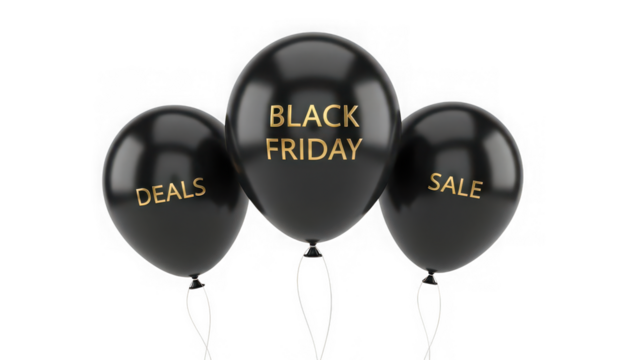 Black friday sale and deals balloons, festive shopping celebration