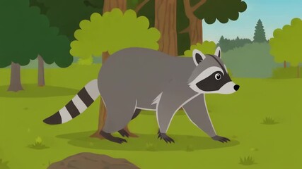 A raccoon walking through a forest, cartoon style