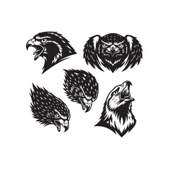 Hawk Head Logos Collection, Hawk Head Silhouette, Bird Vector, Wildlife Logo Illustration