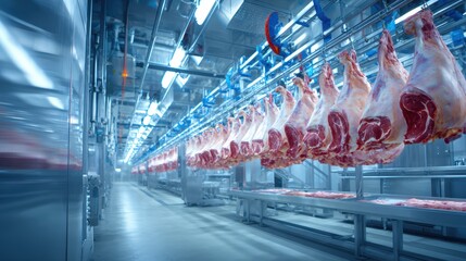 Industrial Meat Processing Line with Suspended Cuts in Clean Environment