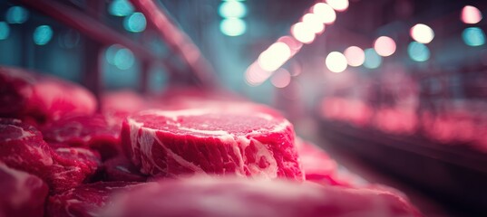 Macro Shot of Raw Meat Texture in Industrial Setting with Bright Lighting