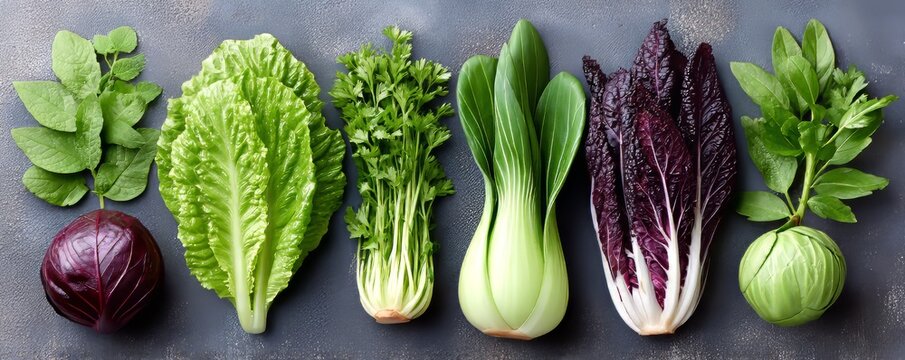Variedad de hojas verdes y moradas en una mesa en la cocina