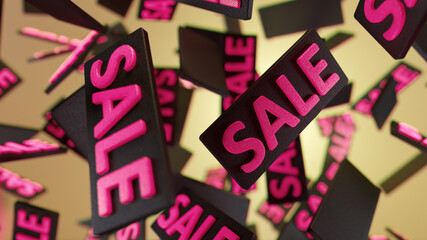 Vibrant Sale Signs Float In Air With Bright Pink Letters For Retail Promotion
