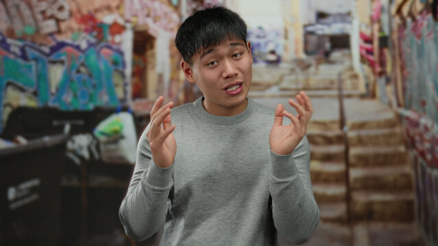 Young man smiling on colorful graffiti-lined urban street background evokes lively city atmosphere.