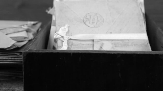Old postal paper letters in the box  black and white