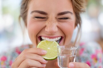 Fototapeta premium Young woman squeezing her eyes while biting a lime slice, smiling joyfully, holding a shot glass, capturing a fun moment of enjoyment and zestful experience