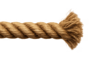 Twisted brown rope with a frayed end. Showing rustic texture, natural fibers, and strength on a transparent background