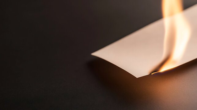 Close-up of a sheet of paper on fire against a dark background, emphasizing the bright flames consuming the edge and the texture of the paper as it burns.