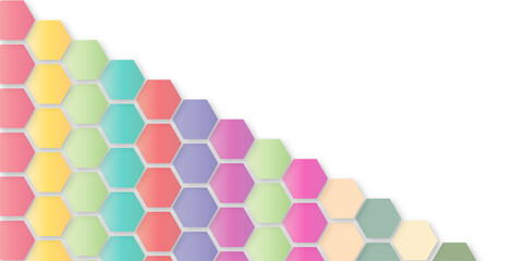 “Colorful hexagon abstract pattern with soft gradients and smooth shadows, creating a modern geometric design. Ideal for backgrounds, web graphics, tech visuals, posters, and creative layouts.”