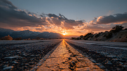 A straight road leading into the distance with an arrow pointing forward, symbolizing progress and future possibilities, set against a backdrop of sunset or sunrise sky.