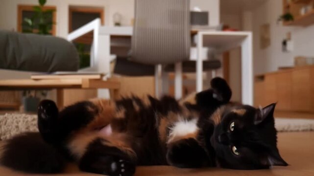 A playful cat lounging on the floor, looking directly at the camera with an adorable expression. The cat has a tortoiseshell coat and is lying on its back, displaying its belly. Stock Video