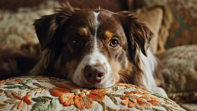 Relaxing dog resting head on embroidered floral cushion indoors close up