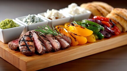 Slices of grilled beef fajita served on a wooden board with colorful vegetables and toppings