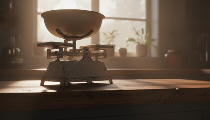 Vintage white mechanical kitchen weighing scale with a yellow bowl sits on a rustic wooden countertop, bathed in warm, hazy morning sunlight from a nearby window