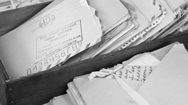 Old postal paper letters in the wooden box black and white. Stamp on the envelope: "Your new zip code... Tell everyone you correspond with your zip code".
